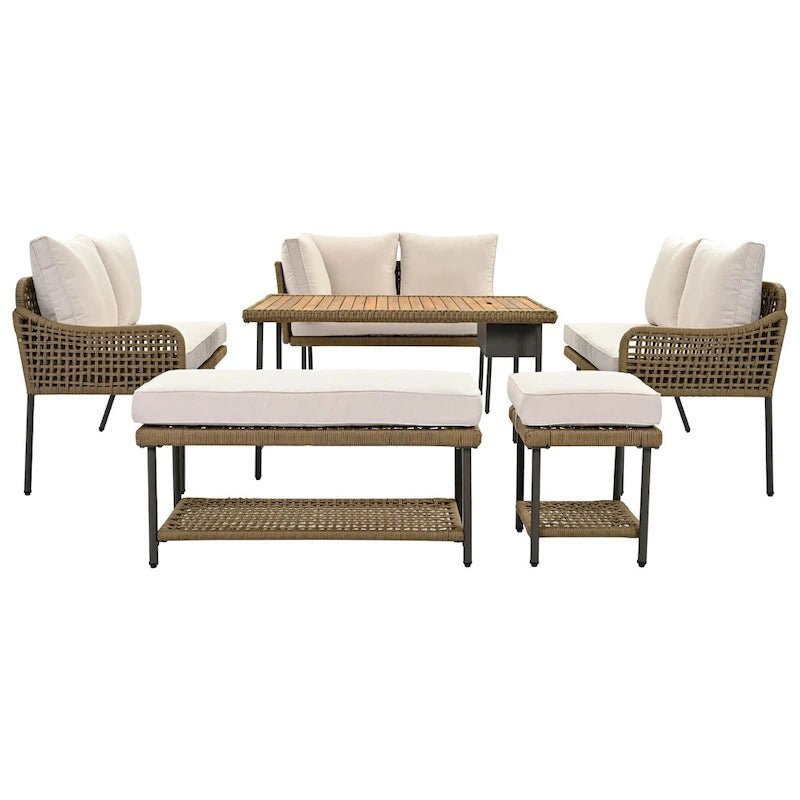 Ensemble de meubles 6 pièces en corde, ensemble de canapés modulaires en forme de L pour l'extérieur, table en bois avec bac à glaçons, chaise longue et banc en corde