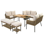 Ensemble de meubles 6 pièces en corde, ensemble de canapés modulaires en forme de L pour l'extérieur, table en bois avec bac à glaçons, chaise longue et banc en corde