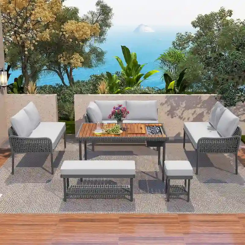 Ensemble de meubles 6 pièces en corde, ensemble de canapés modulaires en forme de L pour l'extérieur, table en bois avec bac à glaçons, chaise longue et banc en corde