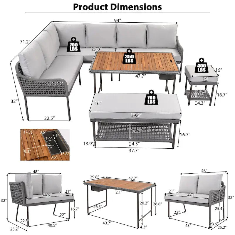 Ensemble de meubles 6 pièces en corde, ensemble de canapés modulaires en forme de L pour l'extérieur, table en bois avec bac à glaçons, chaise longue et banc en corde