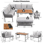 Ensemble de meubles 6 pièces en corde, ensemble de canapés modulaires en forme de L pour l'extérieur, table en bois avec bac à glaçons, chaise longue et banc en corde