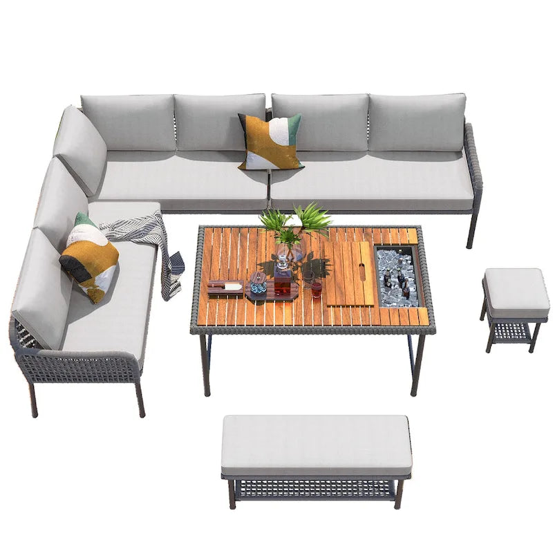 Ensemble de meubles 6 pièces en corde, ensemble de canapés modulaires en forme de L pour l'extérieur, table en bois avec bac à glaçons, chaise longue et banc en corde