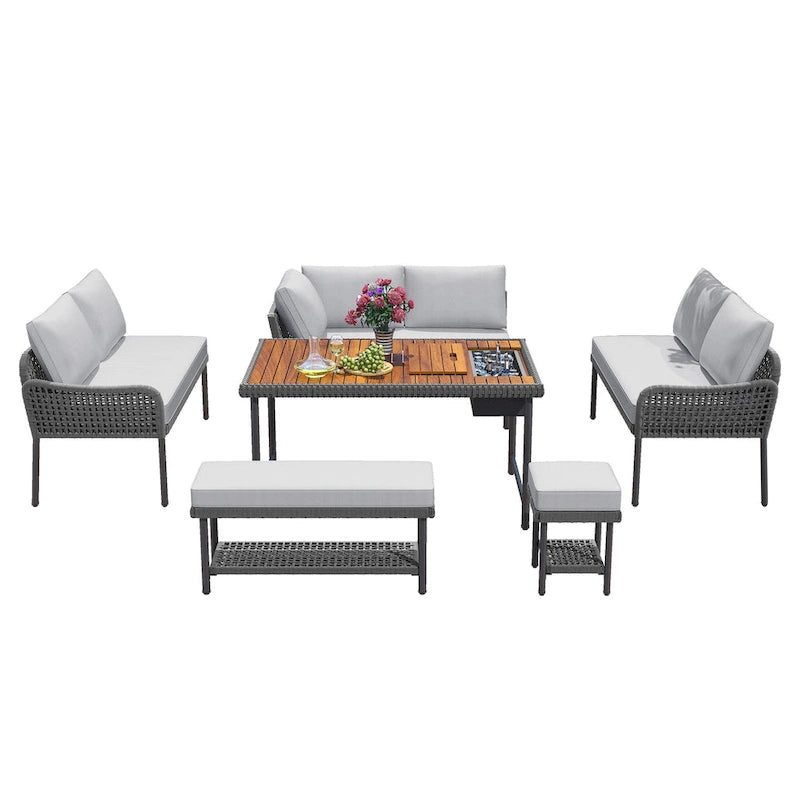 Ensemble de meubles 6 pièces en corde, ensemble de canapés modulaires en forme de L pour l'extérieur, table en bois avec bac à glaçons, chaise longue et banc en corde