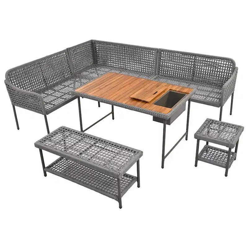 Ensemble de meubles 6 pièces en corde, ensemble de canapés modulaires en forme de L pour l'extérieur, table en bois avec bac à glaçons, chaise longue et banc en corde