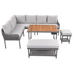 Ensemble de meubles 6 pièces en corde, ensemble de canapés modulaires en forme de L pour l'extérieur, table en bois avec bac à glaçons, chaise longue et banc en corde