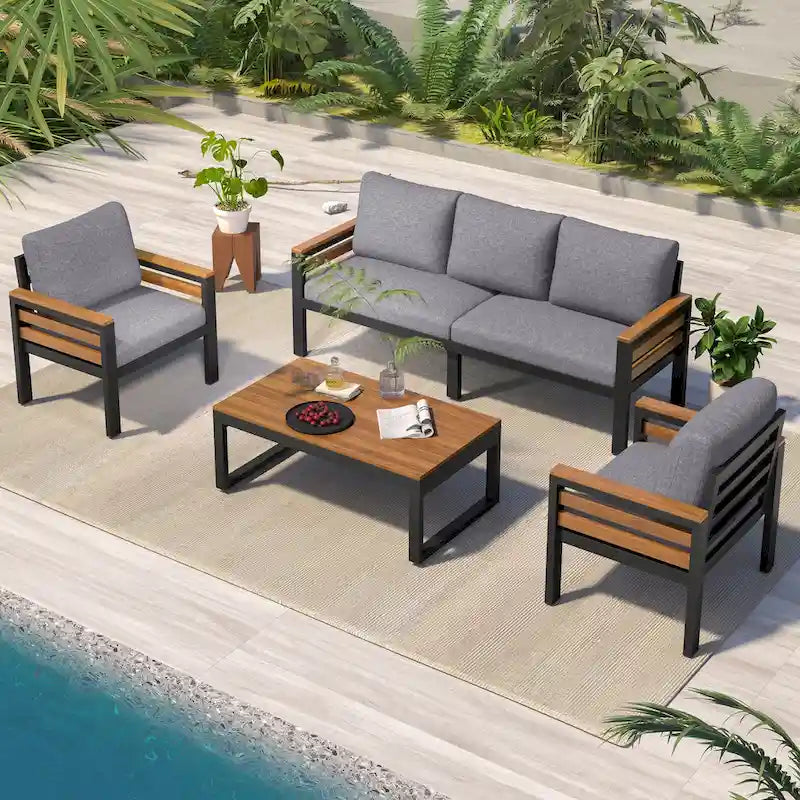 Set Divano Sezionale da Esterno a 4 Pezzi, Set di Mobili da Conversazione per Patio per Tutte le Stagioni con Cuscini e Tavolino da Caffè in Legno Massello