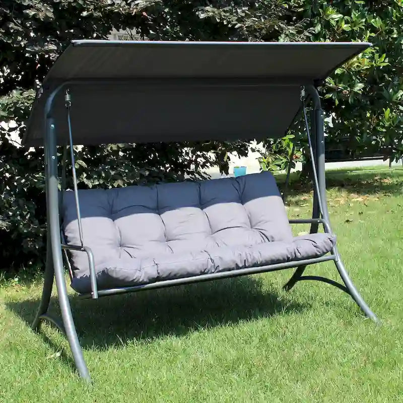 Dondolo da Giardino Deluxe a 3 Posti SUNJOY con Telaio in Acciaio, Tettuccio Orientabile e Cuscini