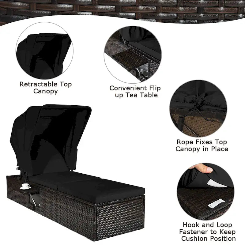 Gymax Sdraio Esterno in Rattan con Tettuccio Regolabile Nero