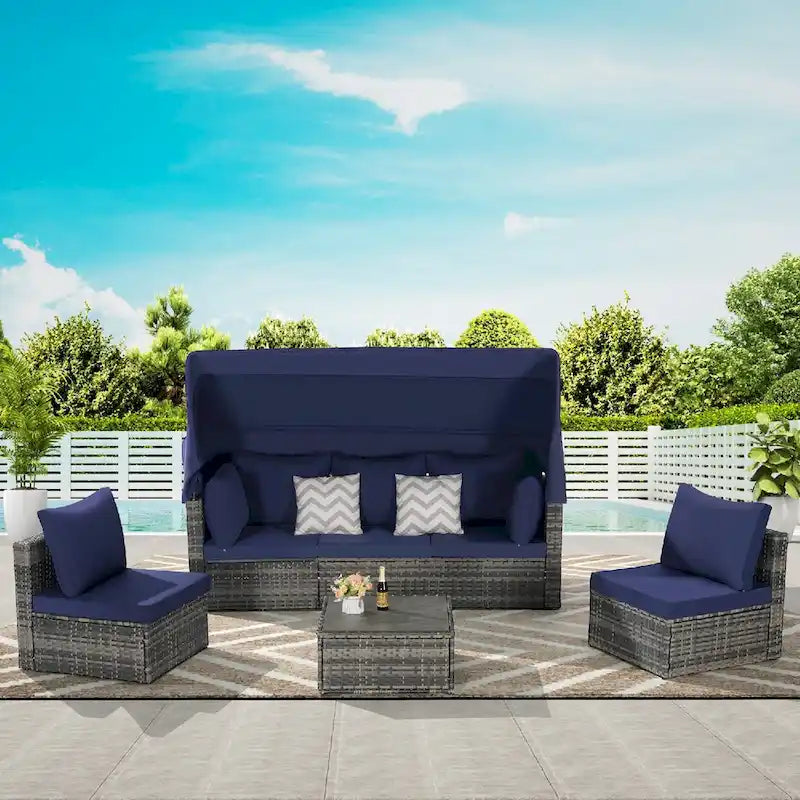 Set di mobili da esterno in vimini a 5 pezzi con daybed e tettoia retrattile, tavolino laterale riponibile e cuscini morbidi