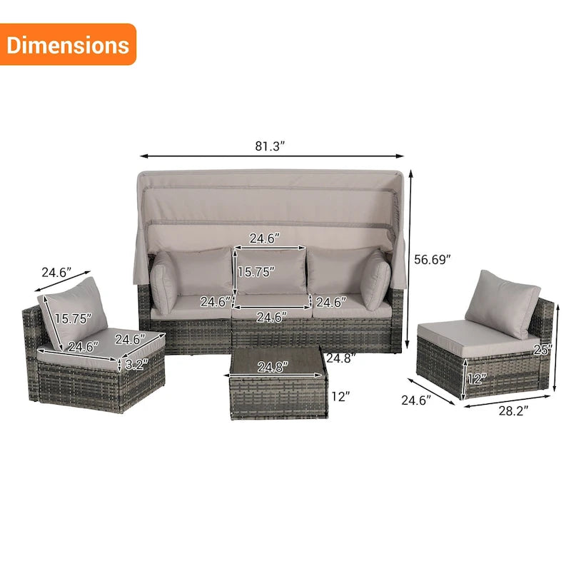 Set di mobili da esterno in vimini a 5 pezzi con daybed e tettoia retrattile, tavolino laterale riponibile e cuscini morbidi