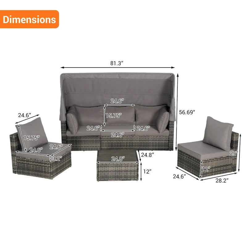 Set di mobili da esterno in vimini a 5 pezzi con daybed e tettoia retrattile, tavolino laterale riponibile e cuscini morbidi