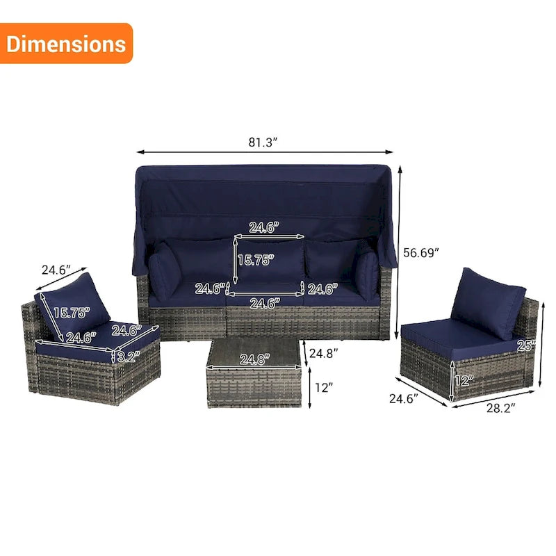 Set di mobili da esterno in vimini a 5 pezzi con daybed e tettoia retrattile, tavolino laterale riponibile e cuscini morbidi