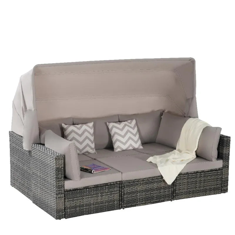 Set di mobili da esterno in vimini a 5 pezzi con daybed e tettoia retrattile, tavolino laterale riponibile e cuscini morbidi