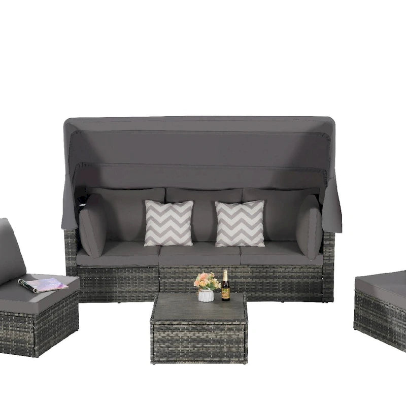 Set di mobili da esterno in vimini a 5 pezzi con daybed e tettoia retrattile, tavolino laterale riponibile e cuscini morbidi