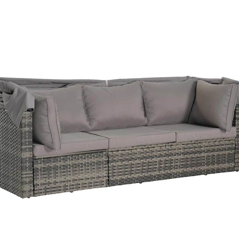Set di mobili da esterno in vimini a 5 pezzi con daybed e tettoia retrattile, tavolino laterale riponibile e cuscini morbidi