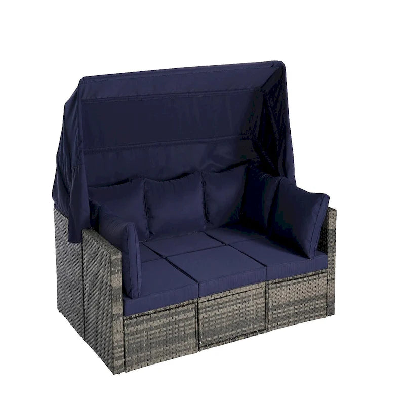 Set di mobili da esterno in vimini a 5 pezzi con daybed e tettoia retrattile, tavolino laterale riponibile e cuscini morbidi