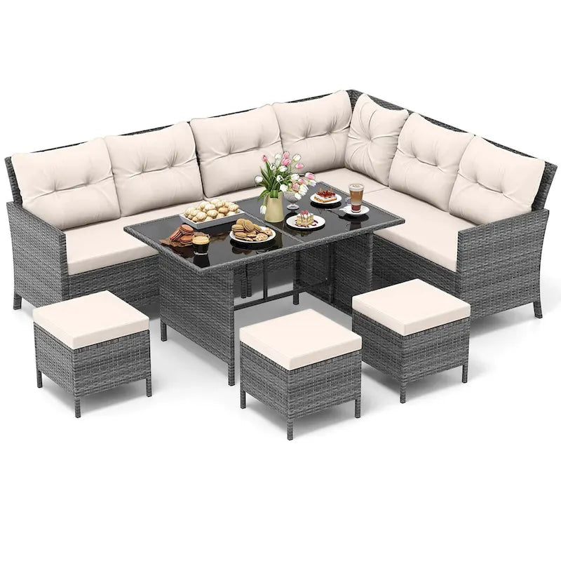 Gymax Set di 7 mobili da pranzo in rattan PE, set divano sezionale per esterni