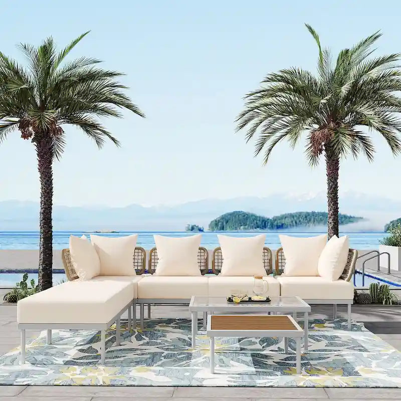 8-Piece Patio Sectional Sofa Set with Tempered Glass Coffee Table and Wooden Coffee Table