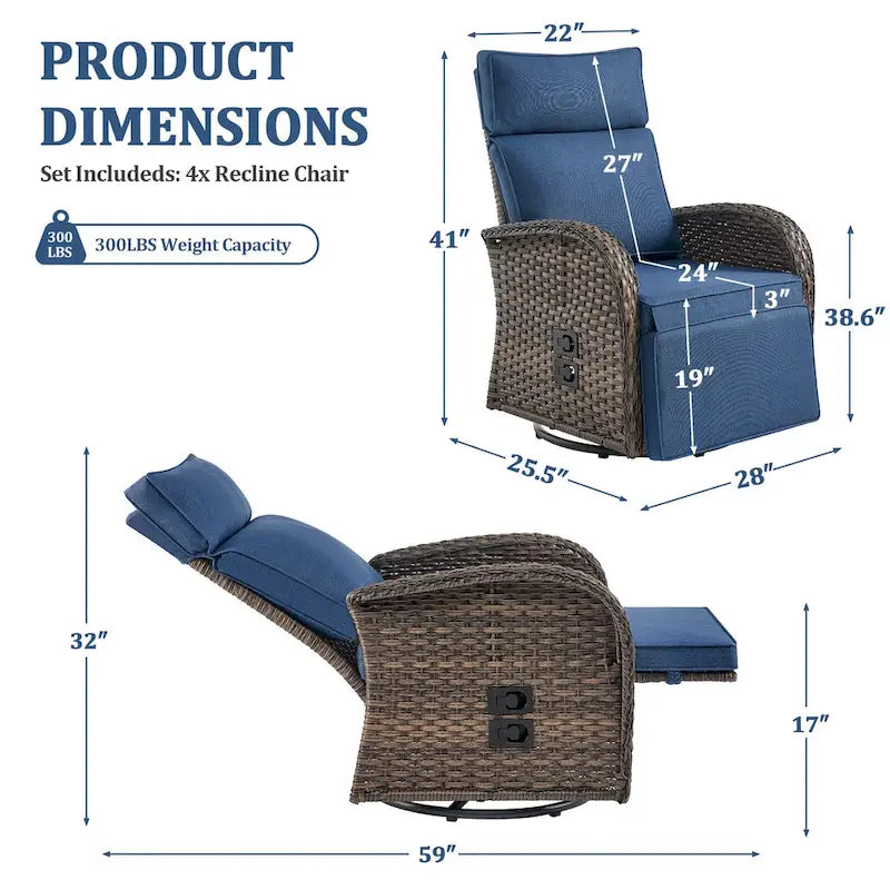 Pocassy 4 PZ Versatile Sedia Reclinabile da Esterno con Cuscino Blu