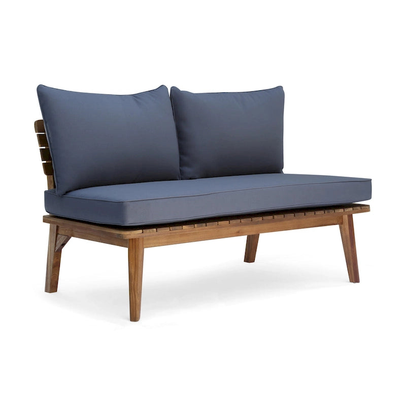 Almo Outdoor Loveseat Bench, Gray Fabric, 49 Inch Brown Acacia Wood