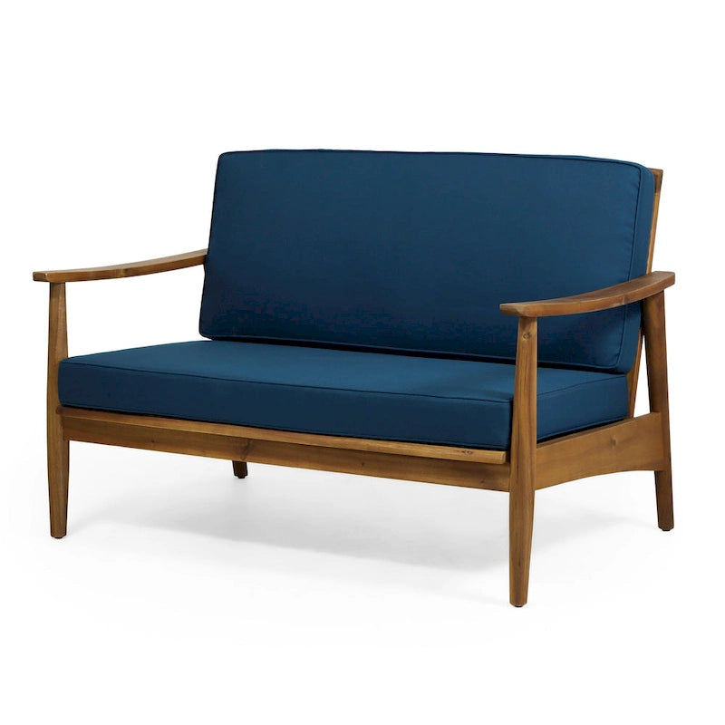 Set 2pz Divanetto e Tavolino da Esterno, Cuscini Blu Petrolio, Struttura in Legno Marrone
