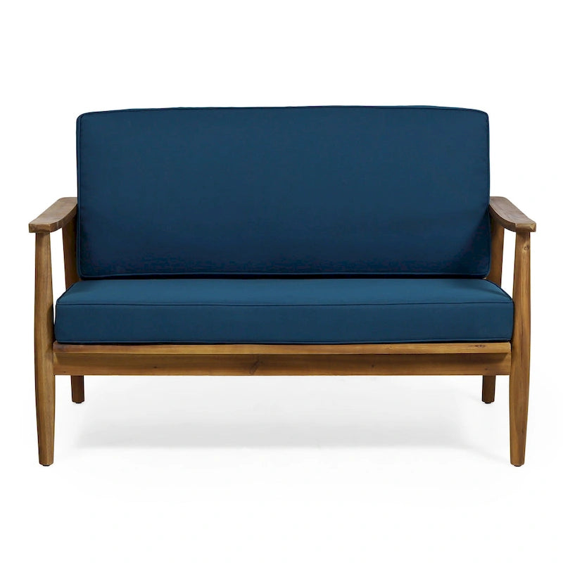 Set 2pz Divanetto e Tavolino da Esterno, Cuscini Blu Petrolio, Struttura in Legno Marrone