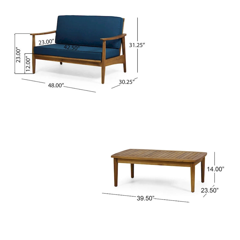 Set 2pz Divanetto e Tavolino da Esterno, Cuscini Blu Petrolio, Struttura in Legno Marrone