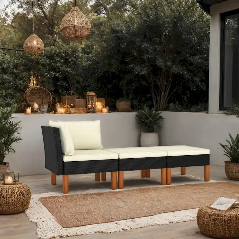 Set Divano Angolare Modulare da Esterno 3 pz, Rattan Sintetico Nero Poliestere Avorio