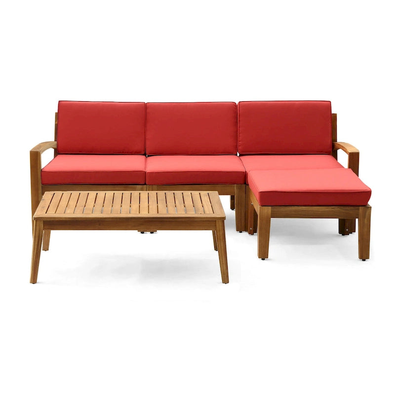 Divano angolare a L da esterno con tavolino, pouf, legno di acacia, rosso