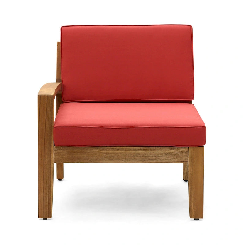 Divano angolare a L da esterno con tavolino, pouf, legno di acacia, rosso