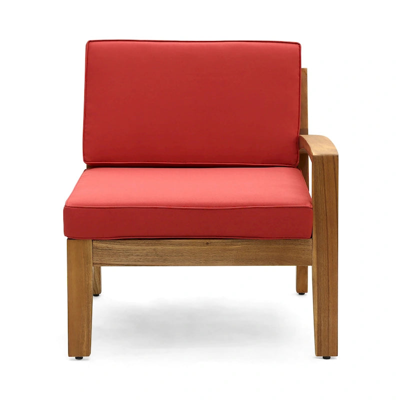Divano angolare a L da esterno con tavolino, pouf, legno di acacia, rosso