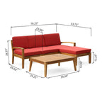 Divano angolare a L da esterno con tavolino, pouf, legno di acacia, rosso