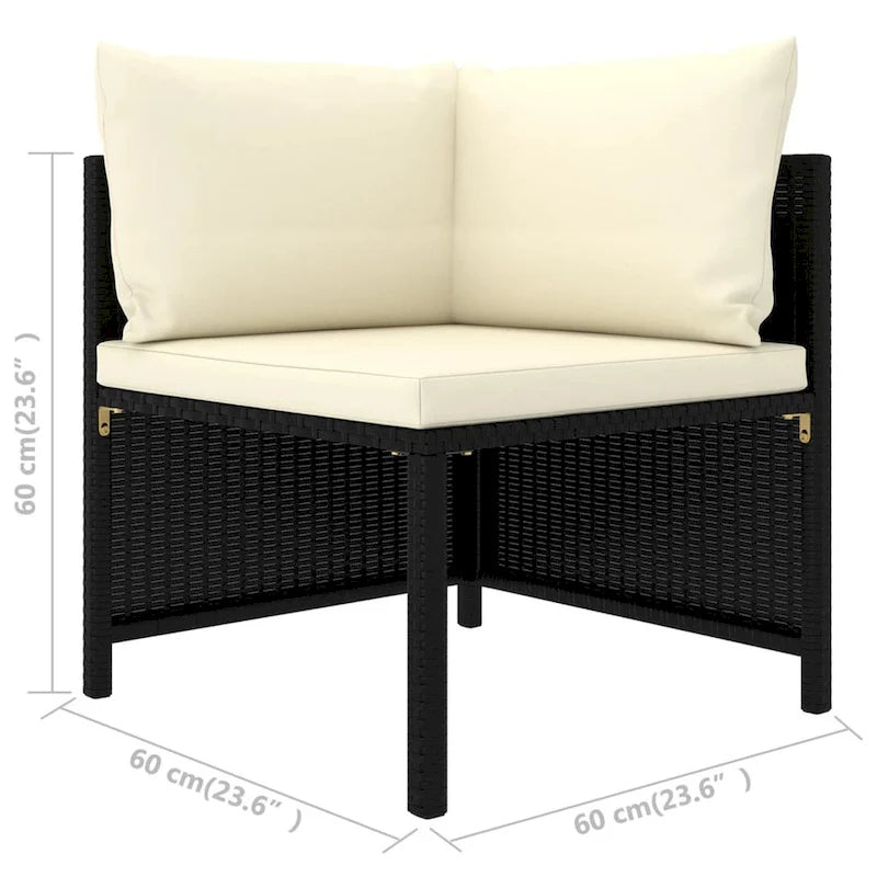 Set divano modulare da esterno Reno 9 pz, cuscini in tessuto avorio, rattan nero