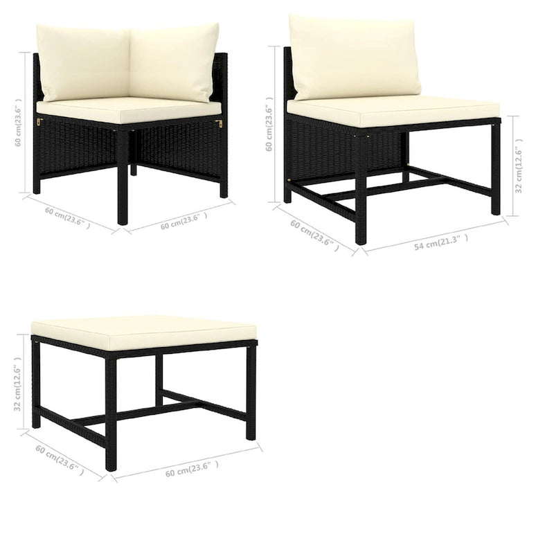 Set divano modulare da esterno Reno 9 pz, cuscini in tessuto avorio, rattan nero