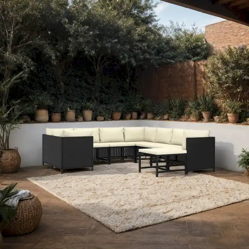 Set divano modulare da esterno Reno 9 pz, cuscini in tessuto avorio, rattan nero