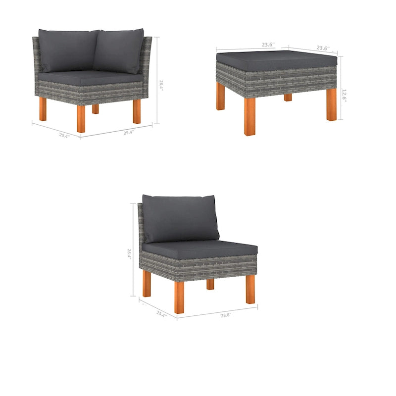 Feno Set Divano Lounge Modulare da Esterno 4 Pezzi, 2 Pouf, Rattan Grigio Scuro