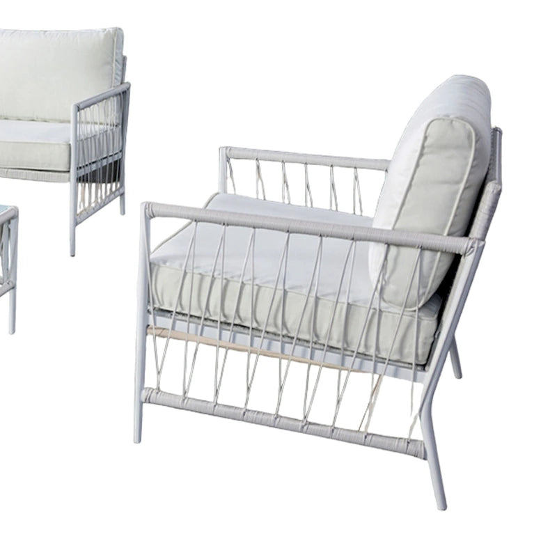 Set patio Hema 4 pezzi con 2 sedie, tavolo e divano, tessuto bianco, metallo