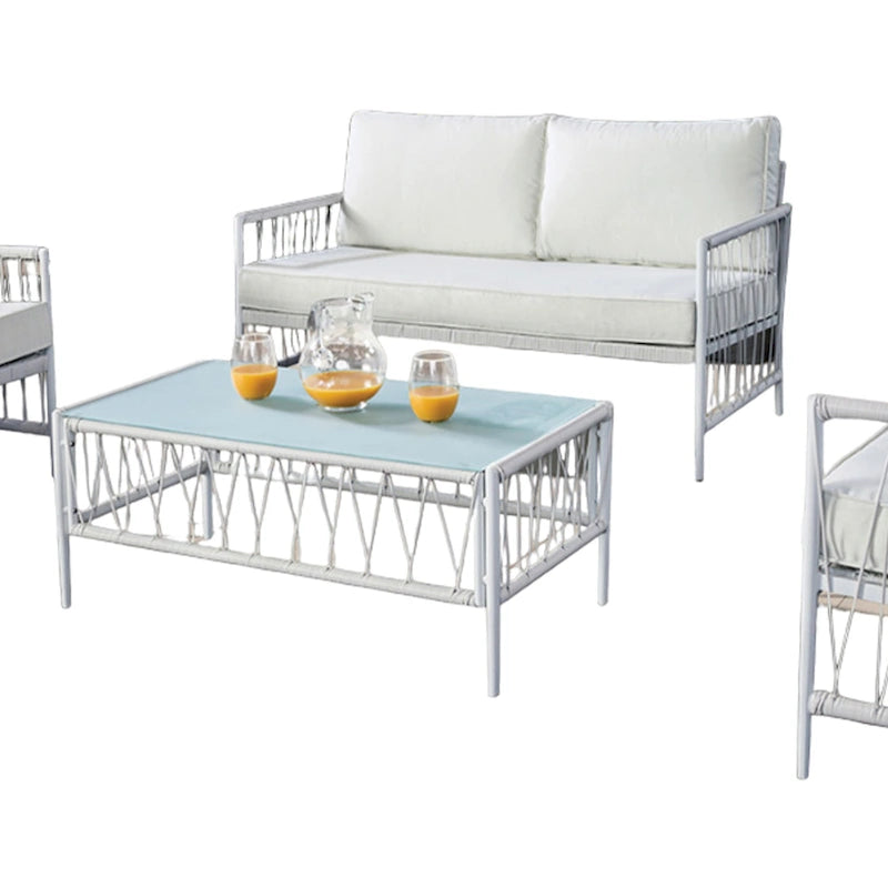 Set patio Hema 4 pezzi con 2 sedie, tavolo e divano, tessuto bianco, metallo