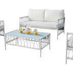 Set patio Hema 4 pezzi con 2 sedie, tavolo e divano, tessuto bianco, metallo