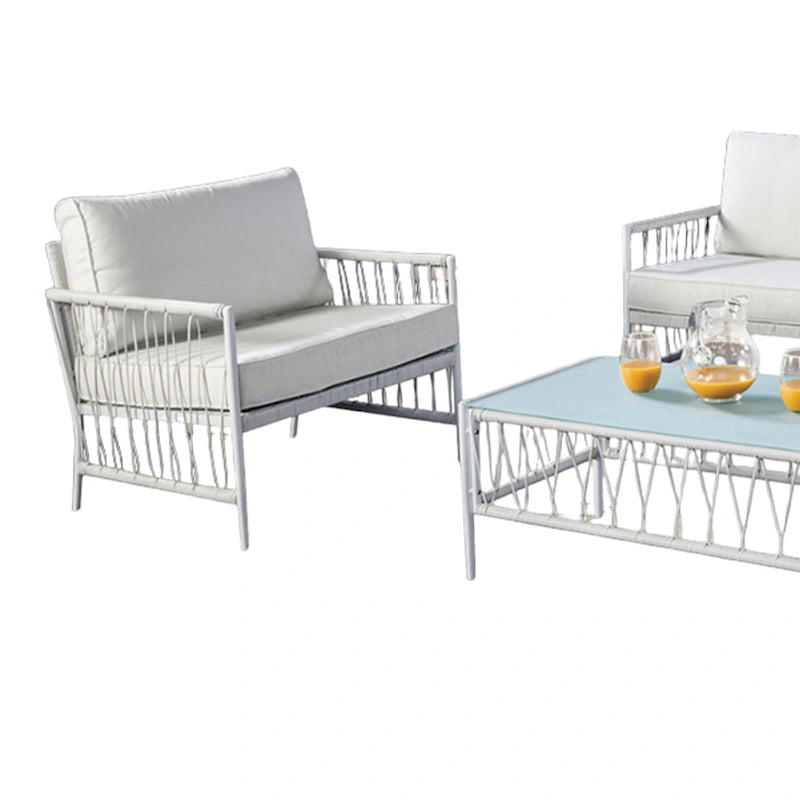 Set patio Hema 4 pezzi con 2 sedie, tavolo e divano, tessuto bianco, metallo