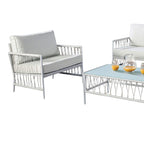 Set patio Hema 4 pezzi con 2 sedie, tavolo e divano, tessuto bianco, metallo