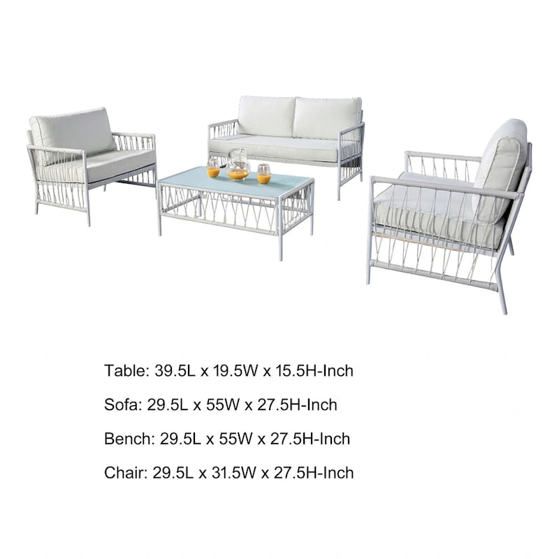 Set patio Hema 4 pezzi con 2 sedie, tavolo e divano, tessuto bianco, metallo