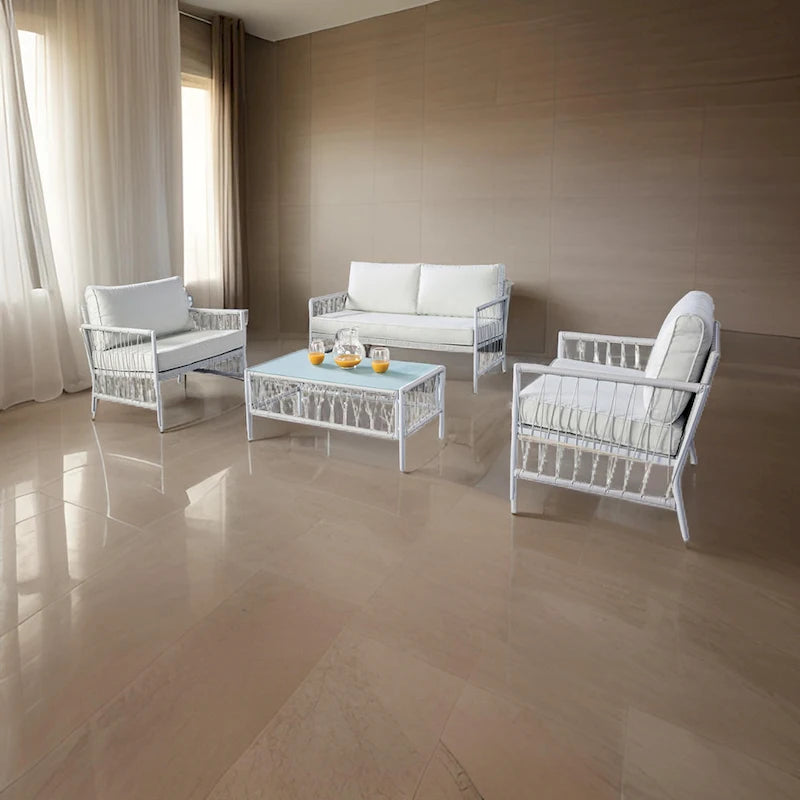 Set patio Hema 4 pezzi con 2 sedie, tavolo e divano, tessuto bianco, metallo