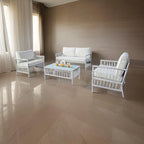 Set patio Hema 4 pezzi con 2 sedie, tavolo e divano, tessuto bianco, metallo
