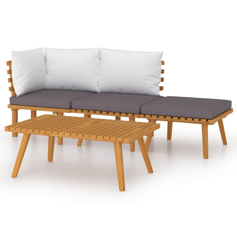 Set divano angolare modulare Roma 4 pezzi da esterno, tavolino, poggiapiedi, legno