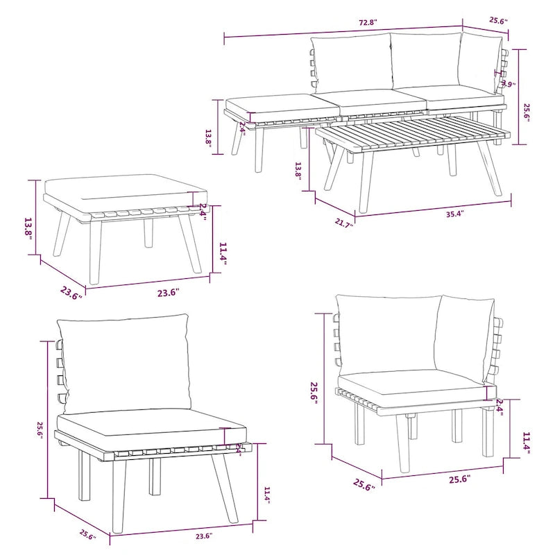 Set divano angolare modulare Roma 4 pezzi da esterno, tavolino, poggiapiedi, legno
