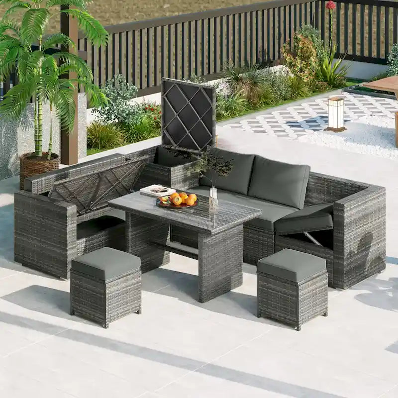 Set di mobili da esterno a 6 pezzi, set da conversazione per patio per tutte le stagioni, set divano in rattan con contenitore e tavolo in vetro temperato