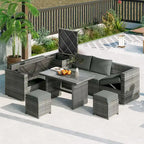 Set di mobili da esterno a 6 pezzi, set da conversazione per patio per tutte le stagioni, set divano in rattan con contenitore e tavolo in vetro temperato