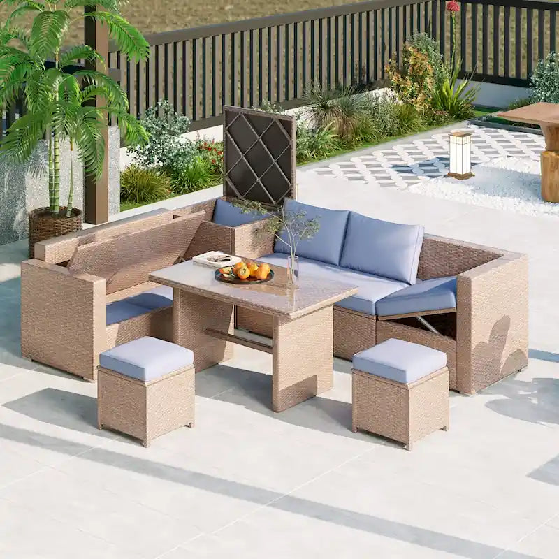 Set di mobili da esterno a 6 pezzi, set da conversazione per patio per tutte le stagioni, set divano in rattan con contenitore e tavolo in vetro temperato