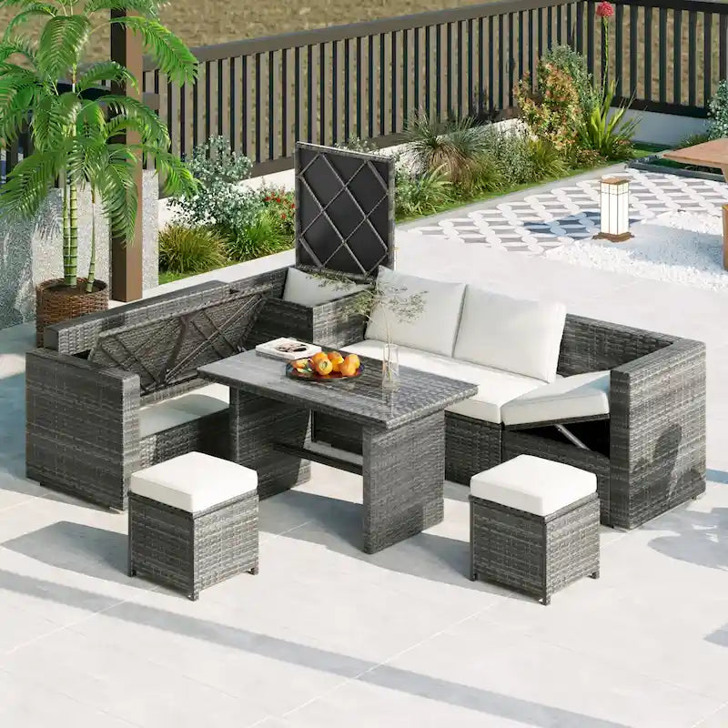 Set di mobili da esterno a 6 pezzi, set da conversazione per patio per tutte le stagioni, set divano in rattan con contenitore e tavolo in vetro temperato